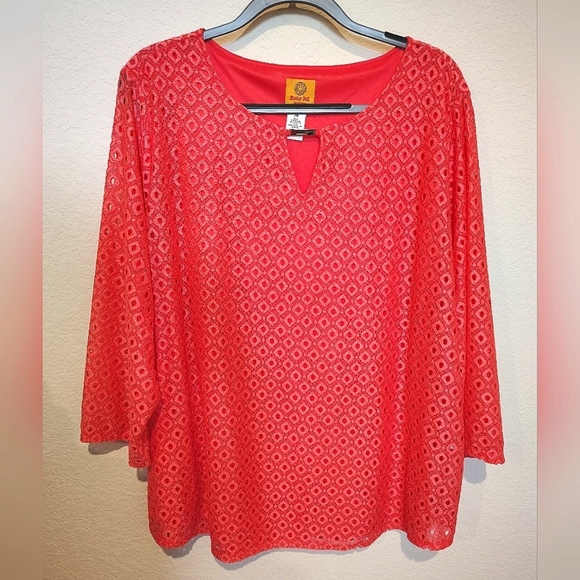 Ruby Rd. Hot Coral Diamond Pattern Lace Blouse - Picture 1 of 3